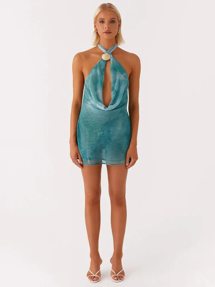 Tie Dye Halter Backless Hollow Out Off-shoulder Vacation Dress - Image 5