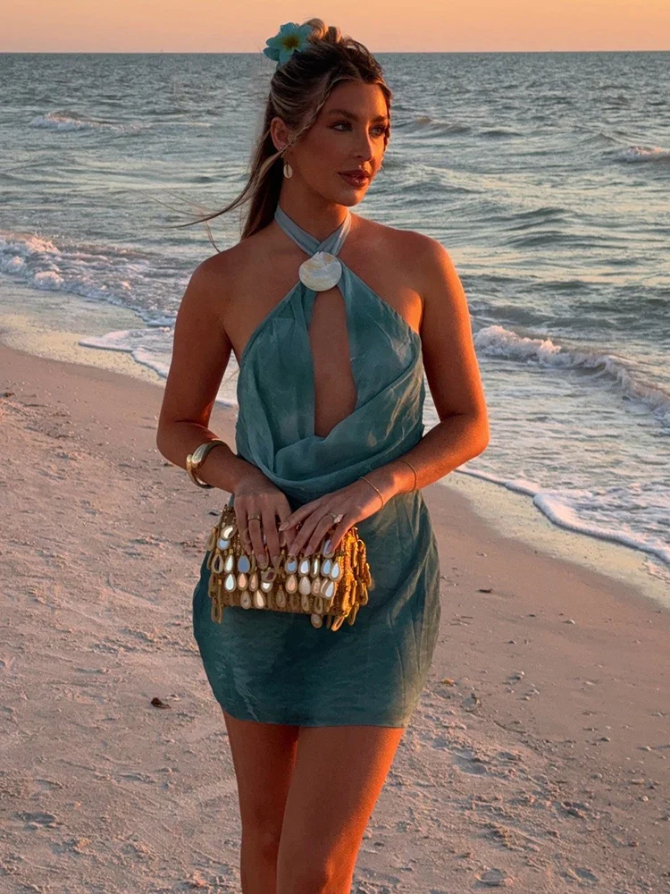 Tie Dye Halter Backless Hollow Out Off-shoulder Vacation Dress - Image 6