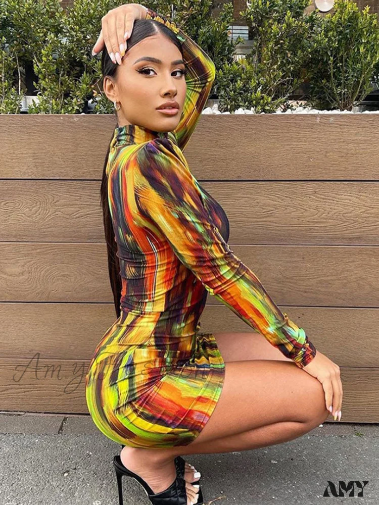 Amy Fashion - Tie Dye Print Women Long Sleeve Mini Dress - Image 2