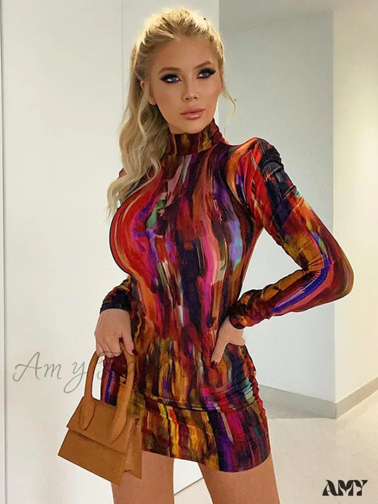 Amy Fashion - Tie Dye Print Women Long Sleeve Mini Dress - Image 3