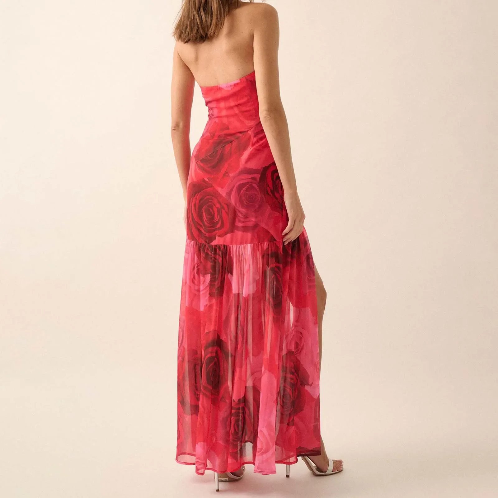 Tie-dye Rose Ruffled Split Vacation Dress - Image 5