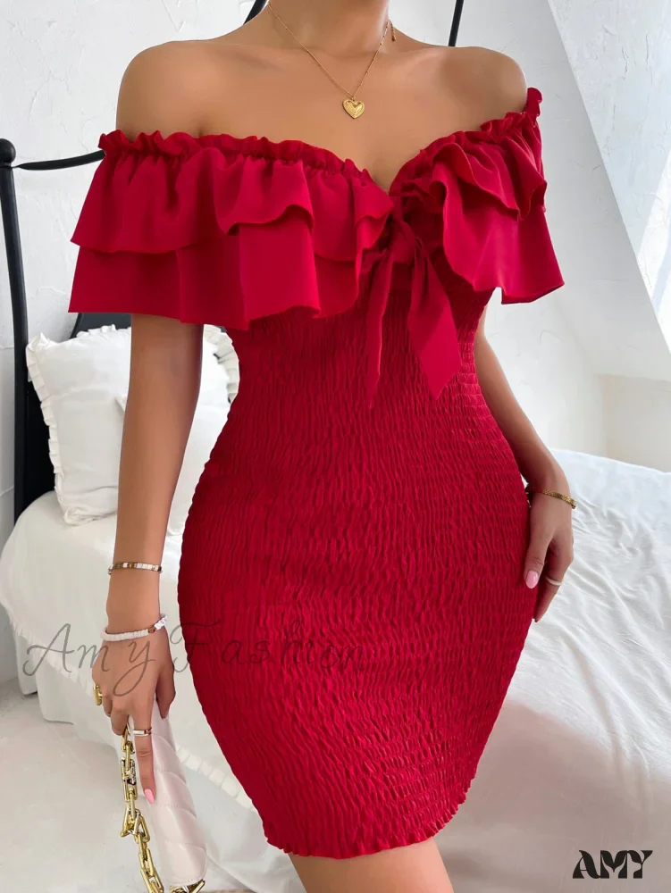 Amy Fashion - Tie Front Off Shoulder Ruffle Trim Shirred Bodycon Dress