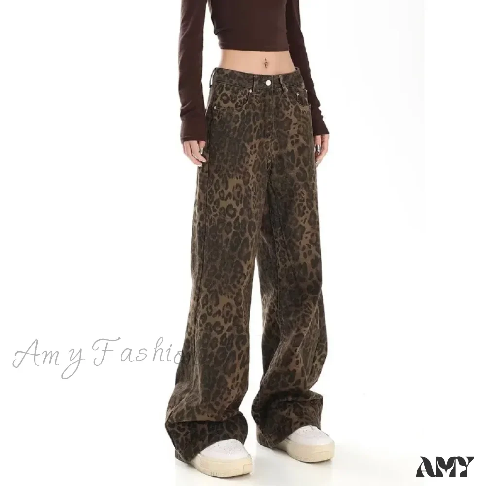 Amy Fashion - Trendy Autumnal American Retro Leopard Print Niche Design Casual Straight Wide-Leg Pants Jean