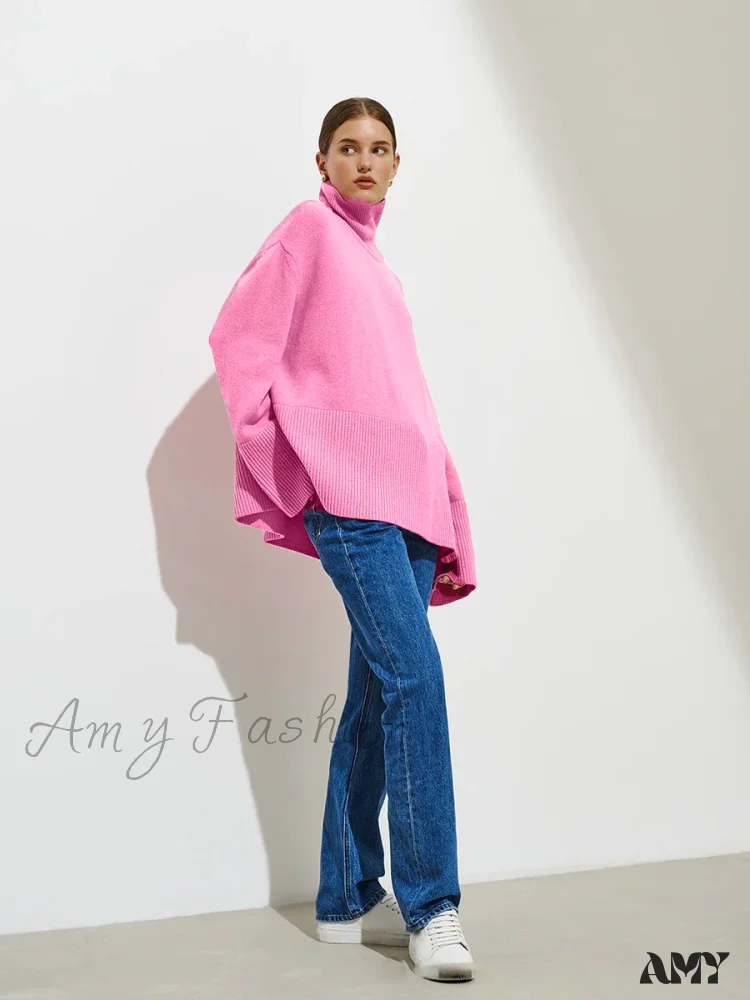 Turtle Neck Autumn Winter Women Soft Warm Basic Knitted Split Pullover Loose Casual Sweater - Image 10