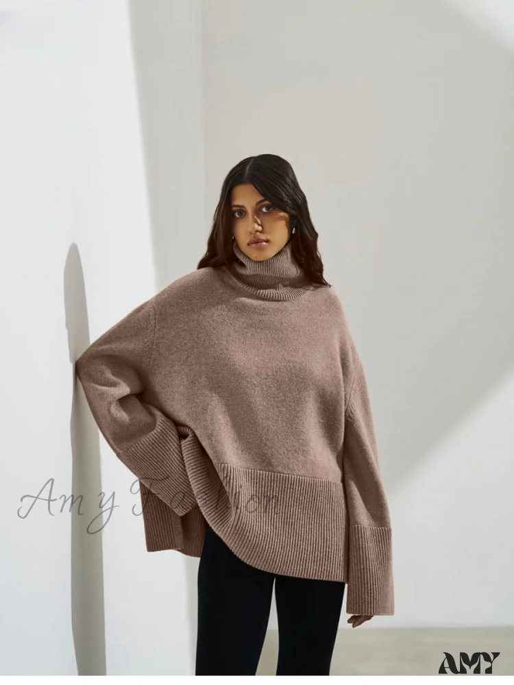 Turtle Neck Autumn Winter Women Soft Warm Basic Knitted Split Pullover Loose Casual Sweater - Image 2