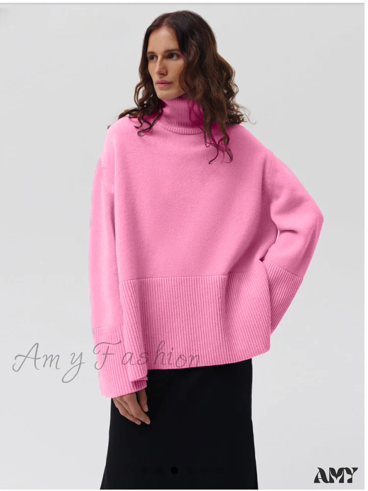 Turtle Neck Autumn Winter Women Soft Warm Basic Knitted Split Pullover Loose Casual Sweater - Image 3