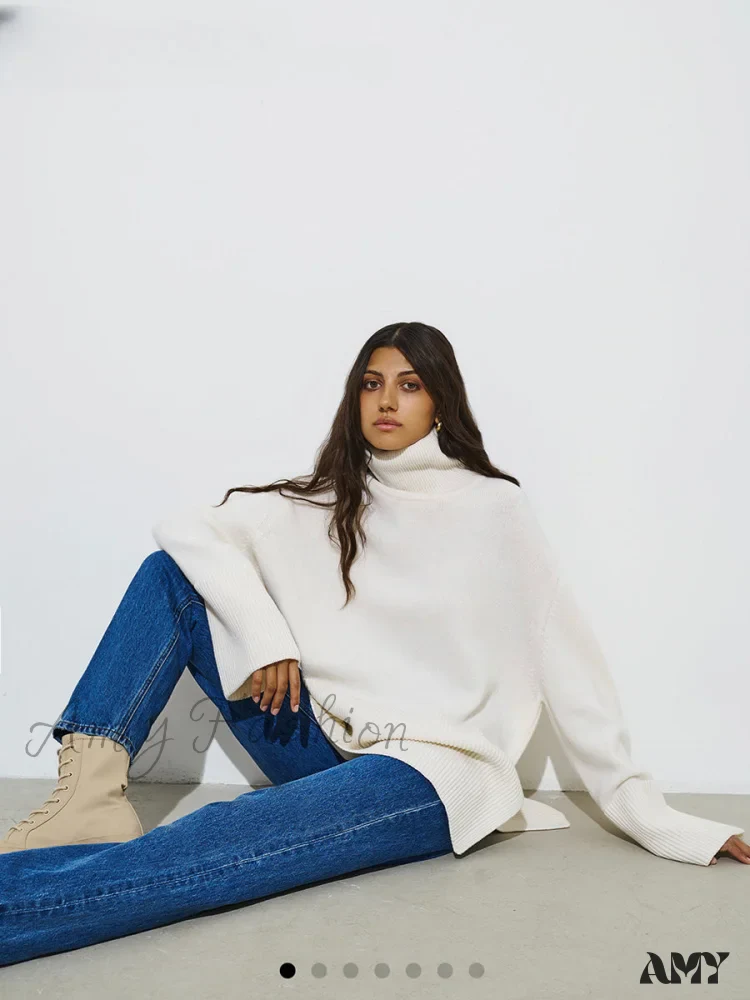 Turtle Neck Autumn Winter Women Soft Warm Basic Knitted Split Pullover Loose Casual Sweater - Image 4