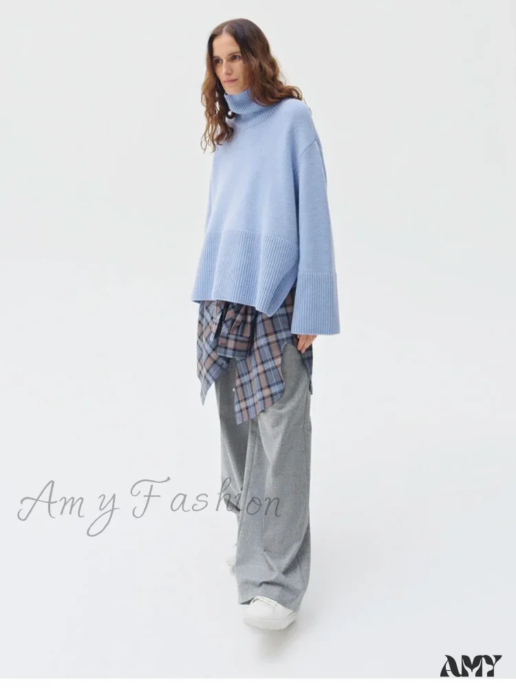 Turtle Neck Autumn Winter Women Soft Warm Basic Knitted Split Pullover Loose Casual Sweater - Image 5