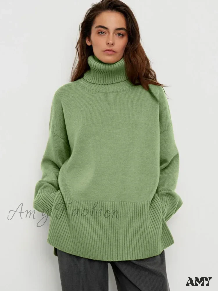Turtle Neck Autumn Winter Women Soft Warm Basic Knitted Split Pullover Loose Casual Sweater - Image 6