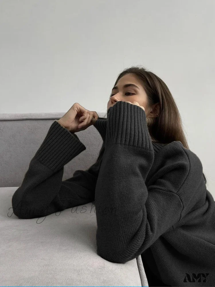 Turtle Neck Autumn Winter Women Soft Warm Basic Knitted Split Pullover Loose Casual Sweater - Image 7