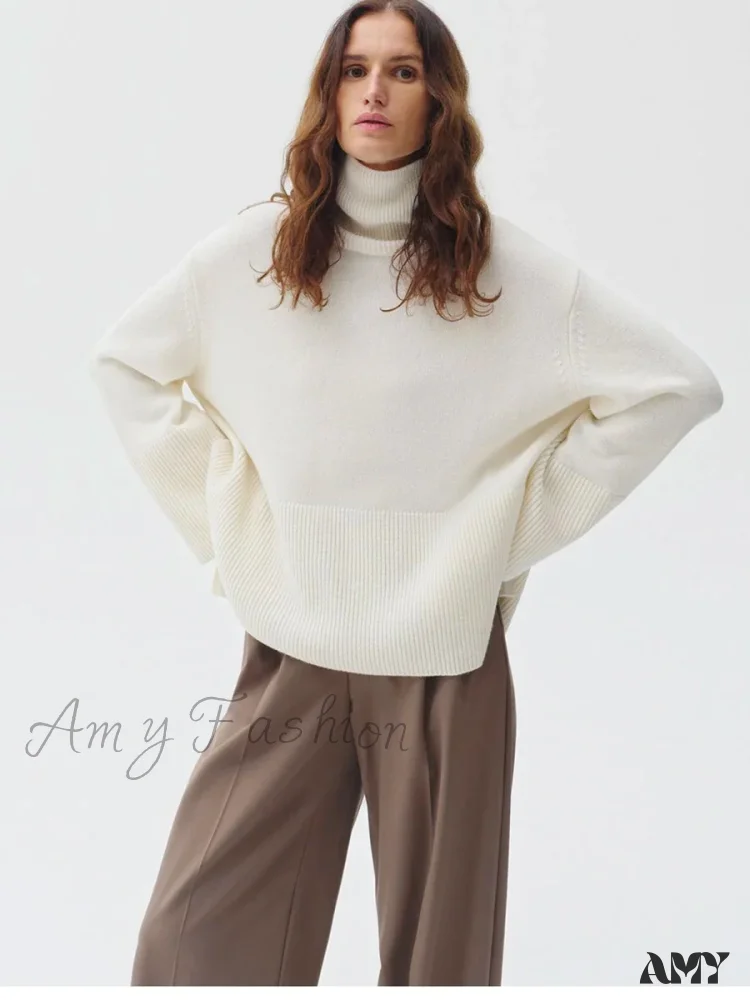 Turtle Neck Autumn Winter Women Soft Warm Basic Knitted Split Pullover Loose Casual Sweater - Image 8