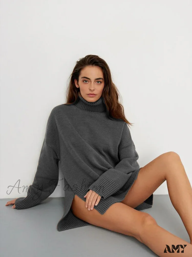 Turtle Neck Autumn Winter Women Soft Warm Basic Knitted Split Pullover Loose Casual Sweater - Image 9