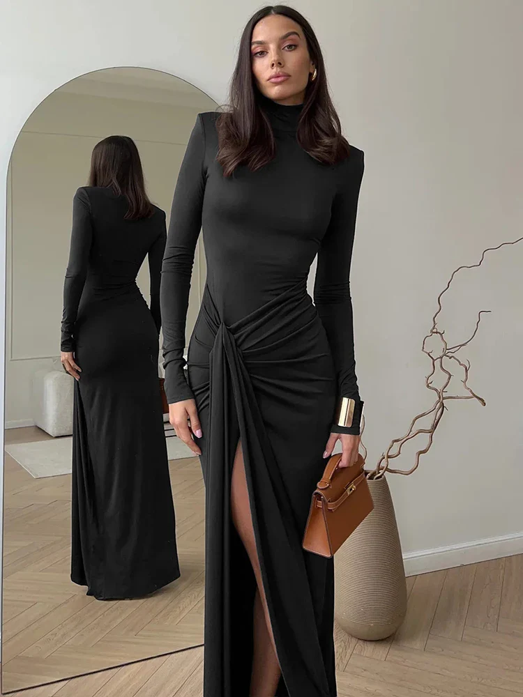 Turtleneck Draped Sleeve Split Bodycon Dress - Image 5