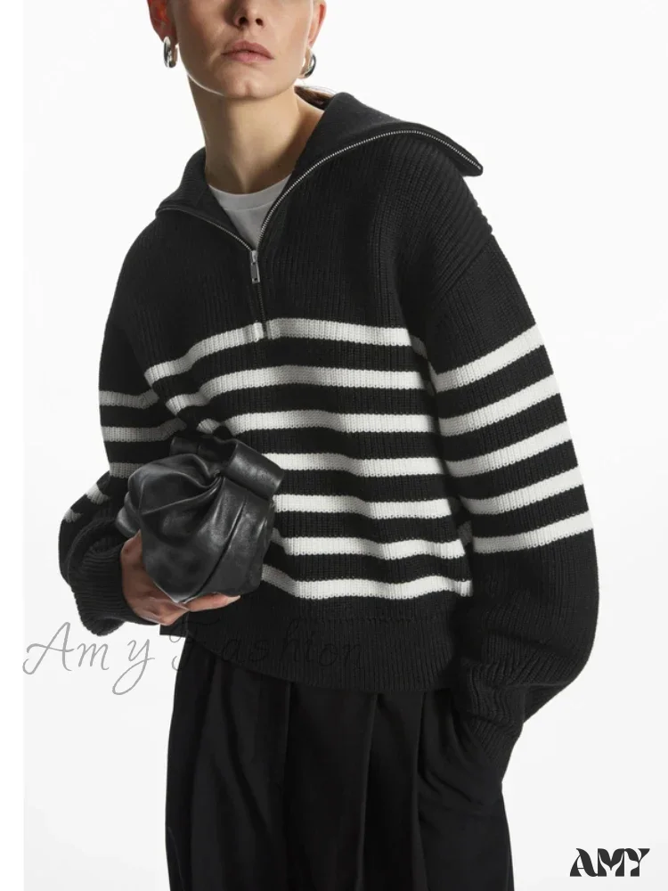 Turtleneck Loose Lapel Striped Casual Fashion Simplicity Sweater - Image 2