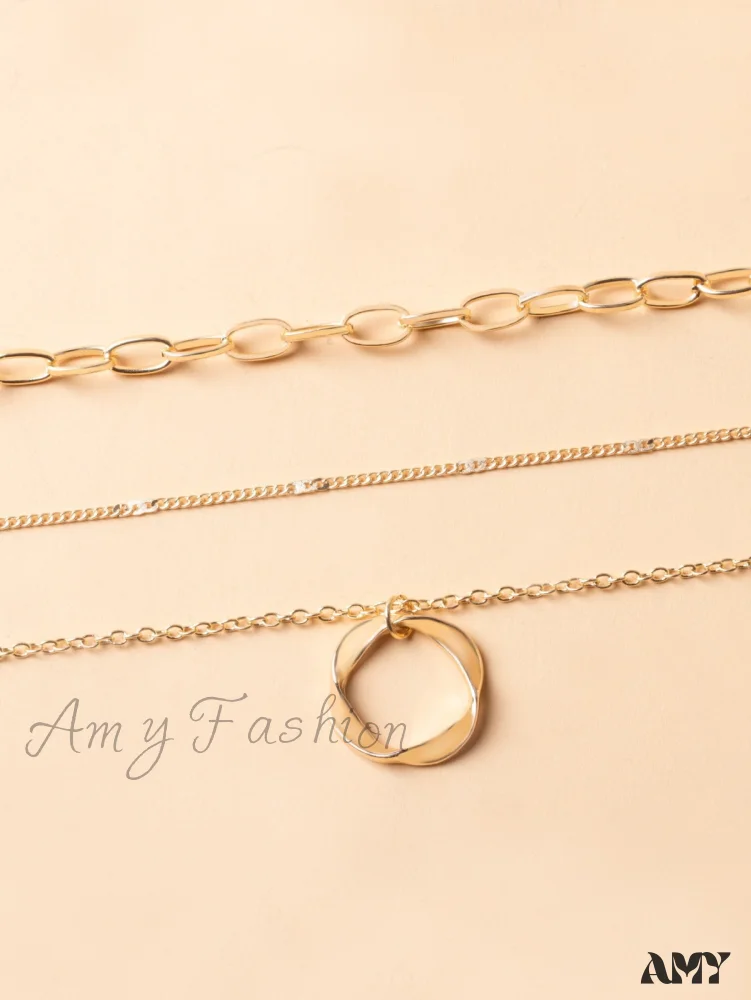 Amy Fashion - Twist Round Charm Layered Necklace - Image 3