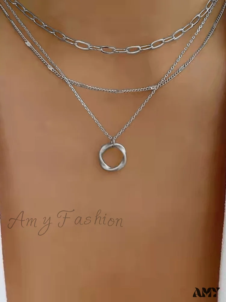 Amy Fashion - Twist Round Charm Layered Necklace - Image 5