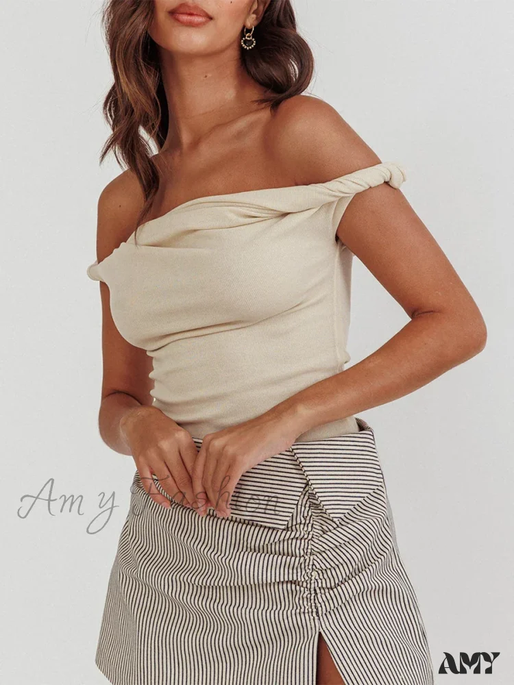 Twisted Off Shoulder Cotton Solid Color Elegant Slim Fit Crop Top - Image 3