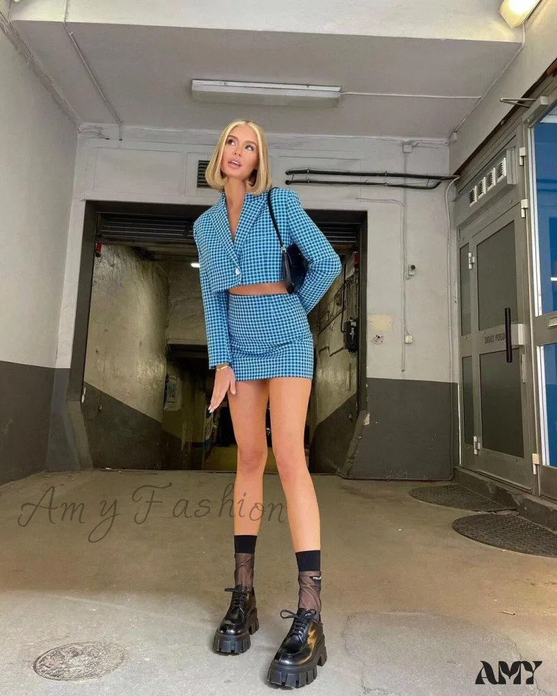 Amy Fashion - Blue Plaid Vintage Two-piece Set