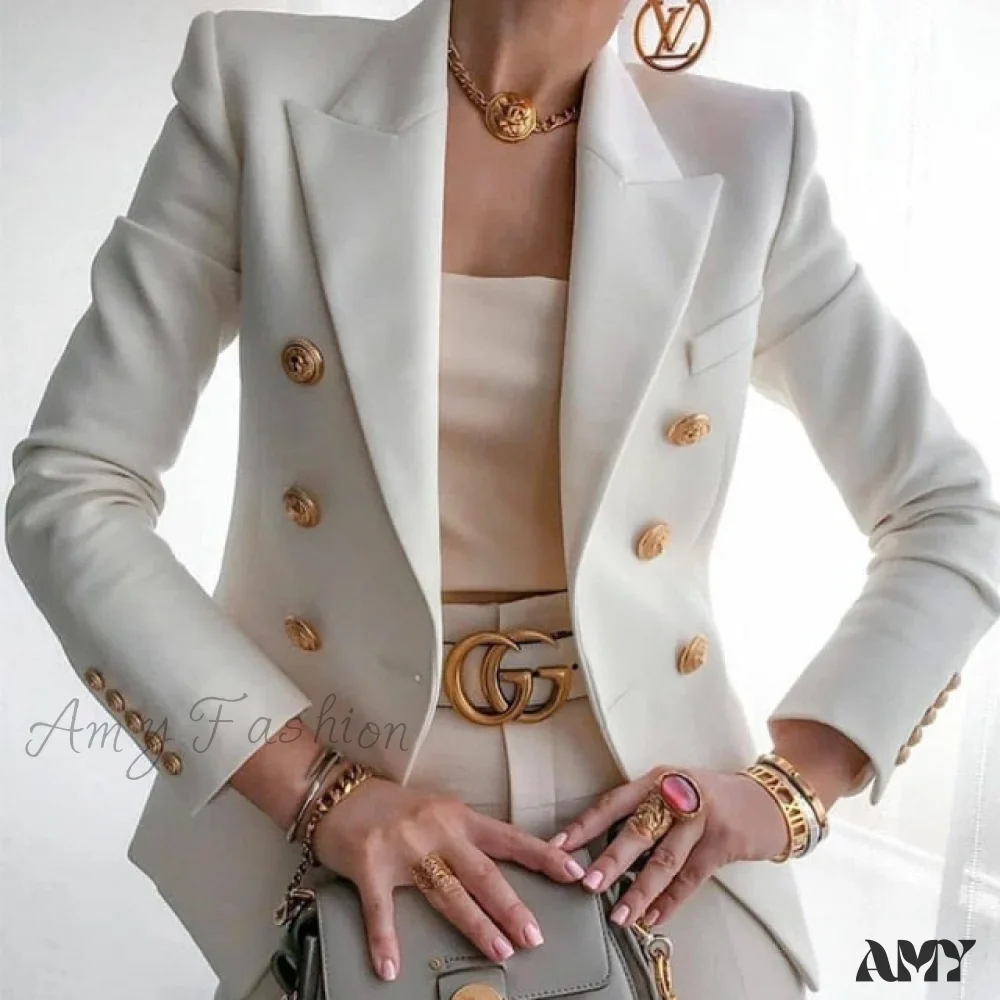 Amy Fashion - Double-breasted Jacket Commuter White Blazer - Image 4