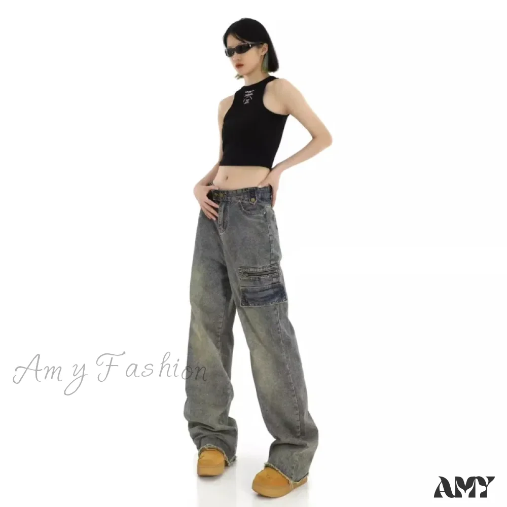 Amy Fashion - Unique Design Straight Pocket Floor Long Retro High Waisted Workwear Summer Women's Jean