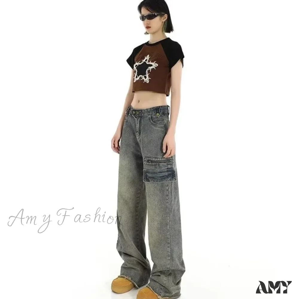 Amy Fashion - Unique Design Straight Pocket Floor Long Retro High Waisted Workwear Summer Women's Jean - Image 2