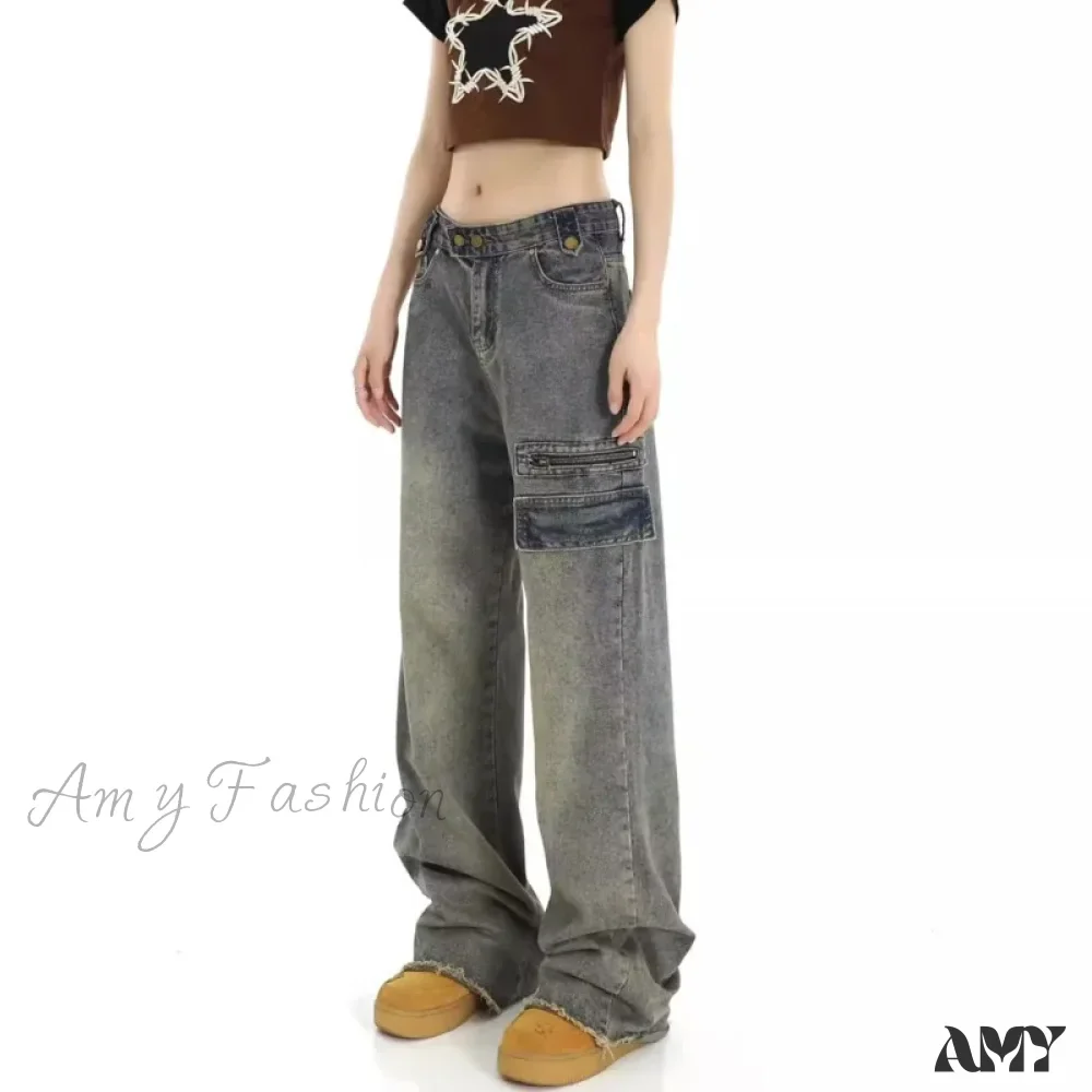 Amy Fashion - Unique Design Straight Pocket Floor Long Retro High Waisted Workwear Summer Women's Jean - Image 3