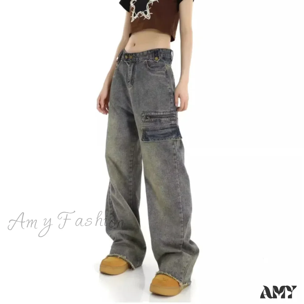 Amy Fashion - Unique Design Straight Pocket Floor Long Retro High Waisted Workwear Summer Women's Jean - Image 4