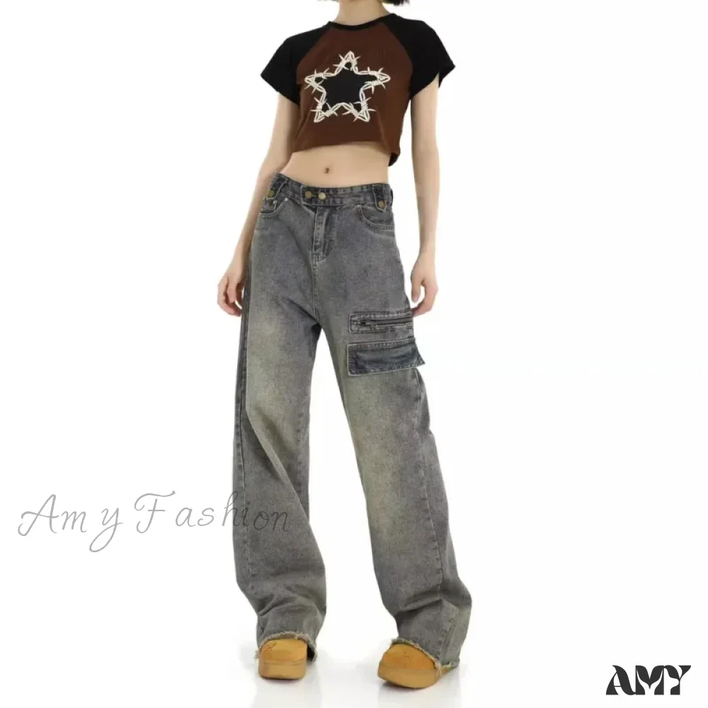 Amy Fashion - Unique Design Straight Pocket Floor Long Retro High Waisted Workwear Summer Women's Jean - Image 5