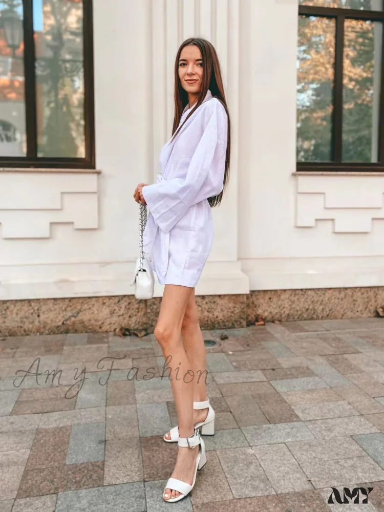 Amy Fashion - V-Neck Kimono Cotton Linen Long Sleeve Sashes Dresses - Image 10