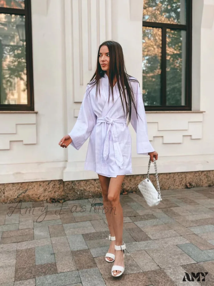 Amy Fashion - V-Neck Kimono Cotton Linen Long Sleeve Sashes Dresses - Image 11