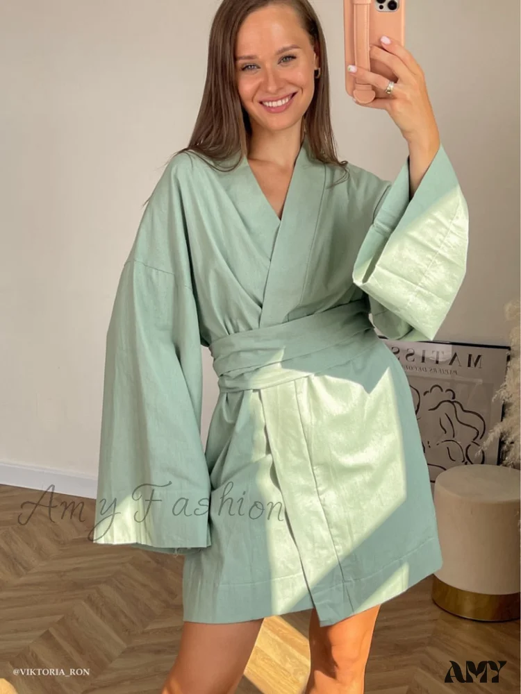 Amy Fashion - V-Neck Kimono Cotton Linen Long Sleeve Sashes Dresses - Image 13