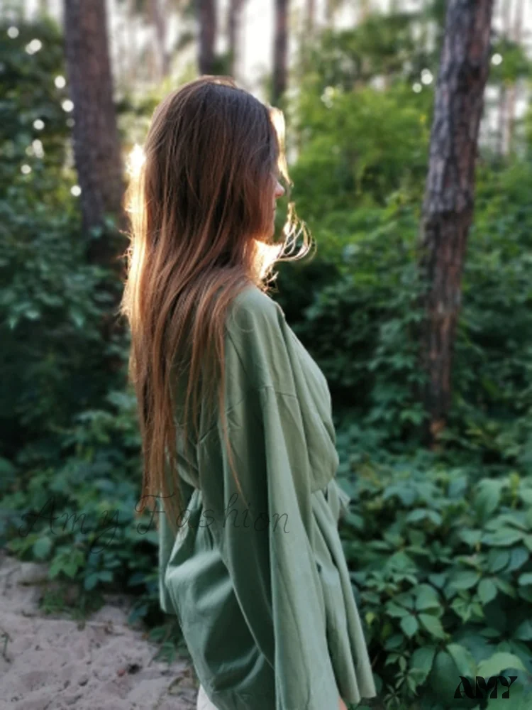 Amy Fashion - V-Neck Kimono Cotton Linen Long Sleeve Sashes Dresses - Image 15