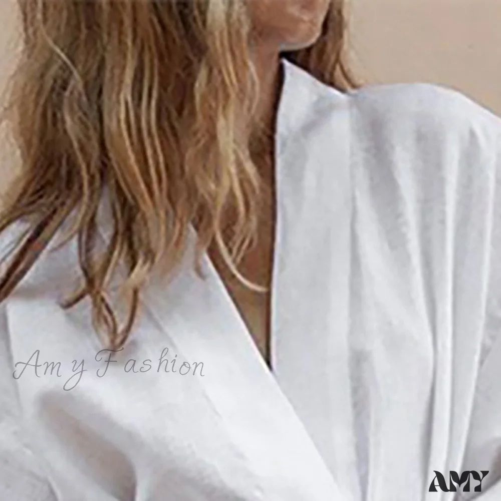 Amy Fashion - V-Neck Kimono Cotton Linen Long Sleeve Sashes Dresses - Image 3