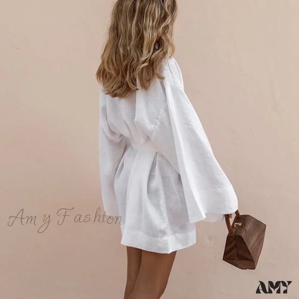 Amy Fashion - V-Neck Kimono Cotton Linen Long Sleeve Sashes Dresses - Image 4