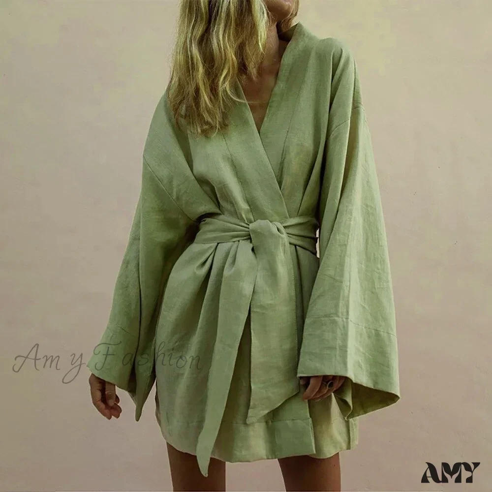 Amy Fashion - V-Neck Kimono Cotton Linen Long Sleeve Sashes Dresses - Image 5