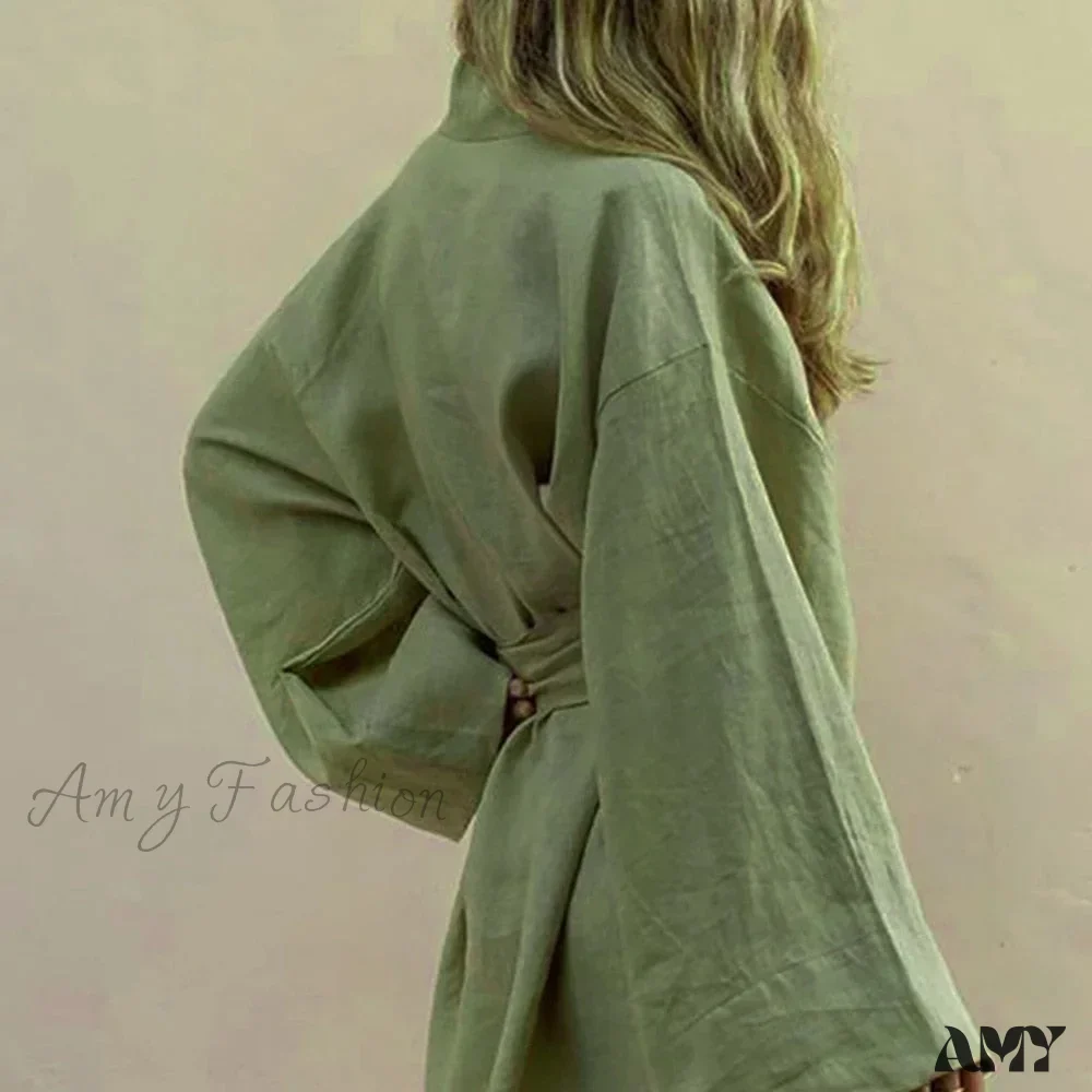 Amy Fashion - V-Neck Kimono Cotton Linen Long Sleeve Sashes Dresses - Image 6