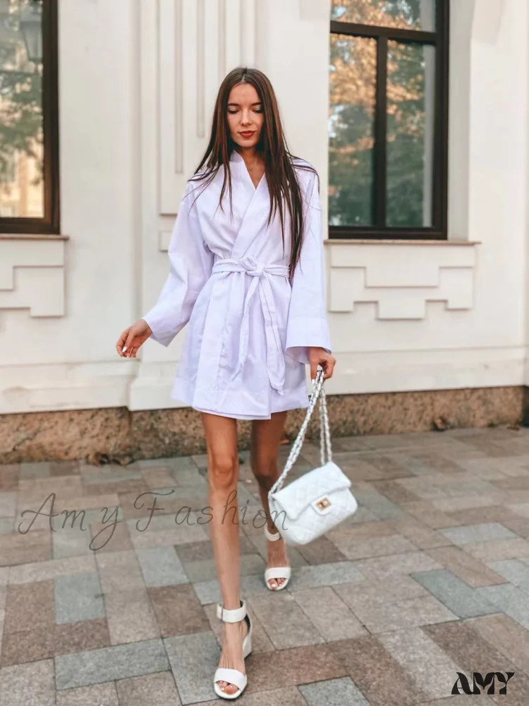 Amy Fashion - V-Neck Kimono Cotton Linen Long Sleeve Sashes Dresses - Image 7