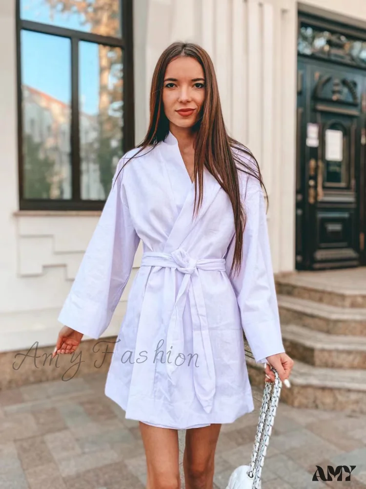 Amy Fashion - V-Neck Kimono Cotton Linen Long Sleeve Sashes Dresses - Image 8