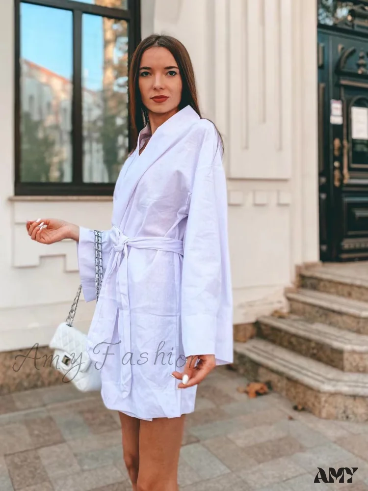 Amy Fashion - V-Neck Kimono Cotton Linen Long Sleeve Sashes Dresses - Image 9