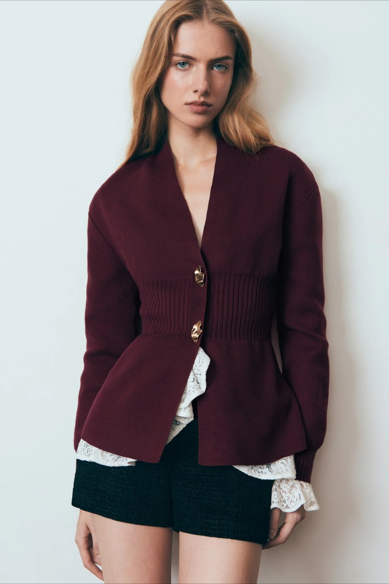V Neck Long Sleeve Metal Button Split Hem Cardigan