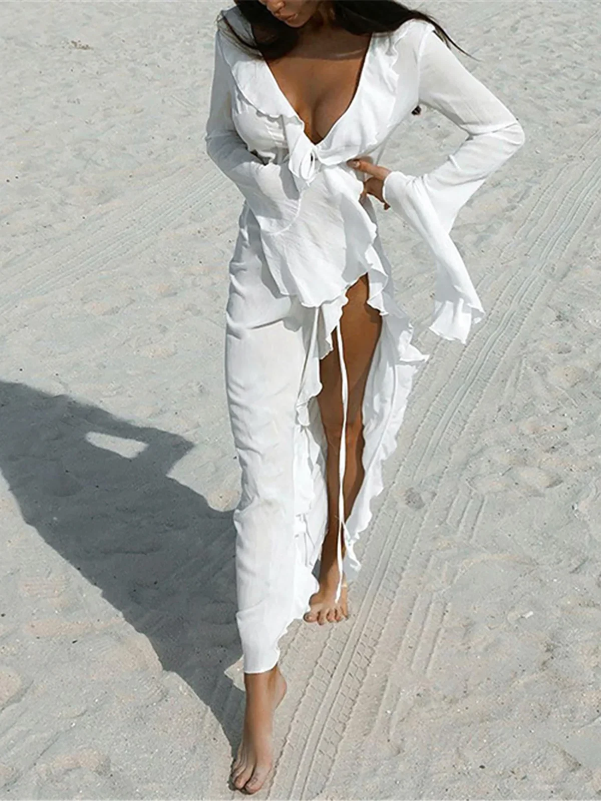 V-Neck Ruffled Chiffon Maxi Dress - Image 3
