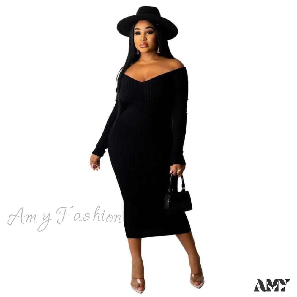 Amy Fashion - V Neck Sexy Slim Elastic Basic Long Bodycon Dress - Image 9