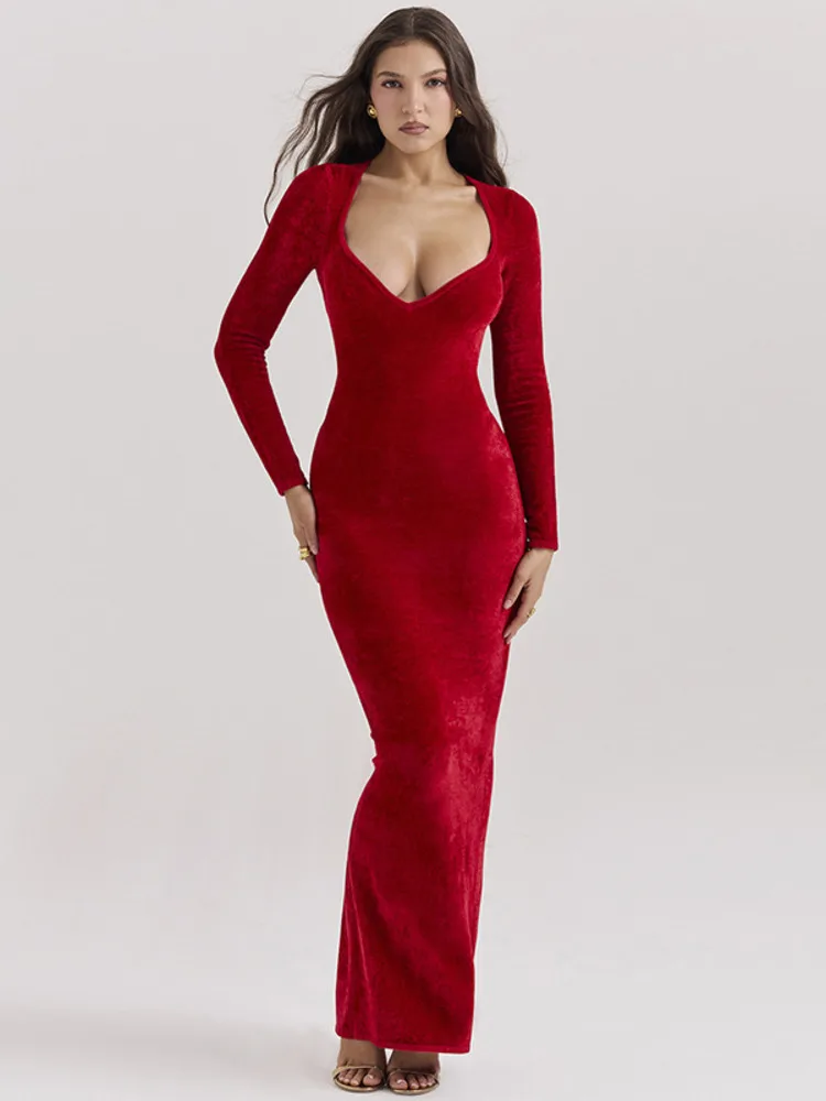Velvet Long Sleeve V Neck Bodycon Dress