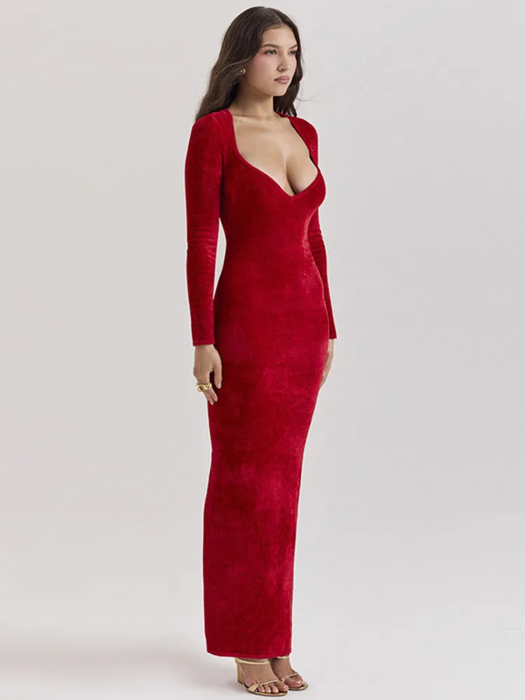 Velvet Long Sleeve V Neck Bodycon Dress - Image 3