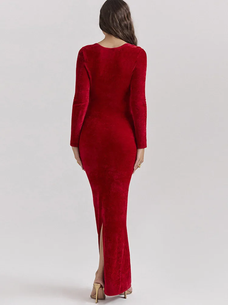 Velvet Long Sleeve V Neck Bodycon Dress - Image 4