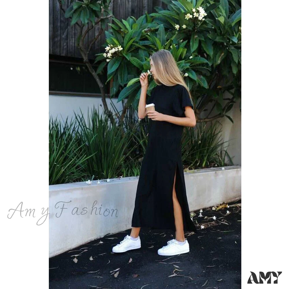 Amy Fashion - Vintage Casual Slit Knitted Cotton White Black Sundress