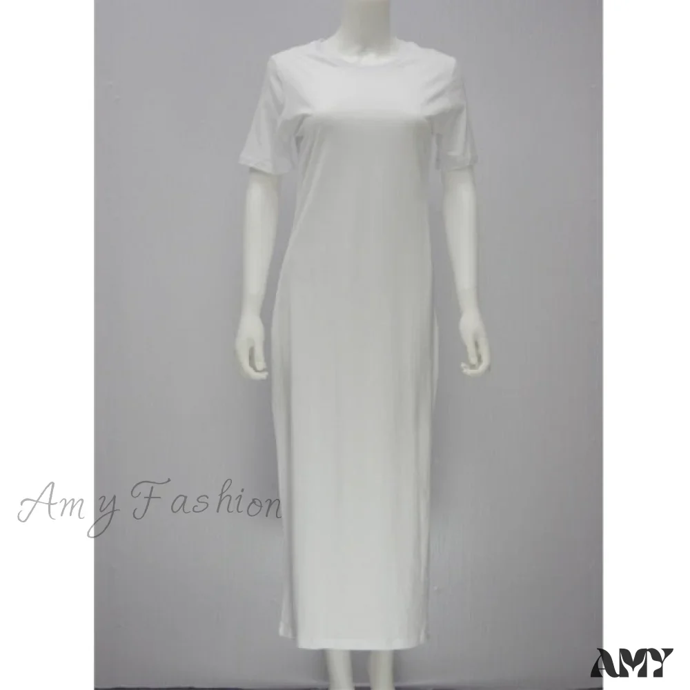 Amy Fashion - Vintage Casual Slit Knitted Cotton White Black Sundress - Image 3