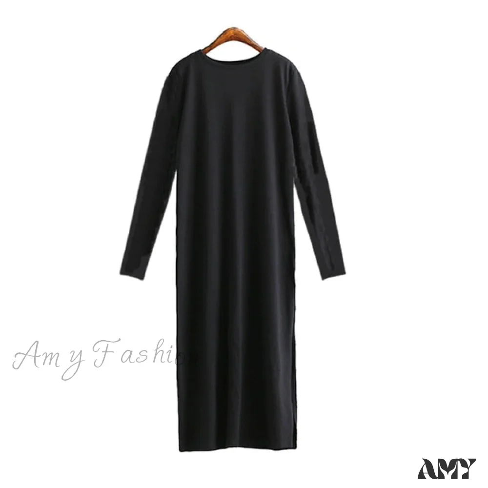 Amy Fashion - Vintage Casual Slit Knitted Cotton White Black Sundress - Image 6