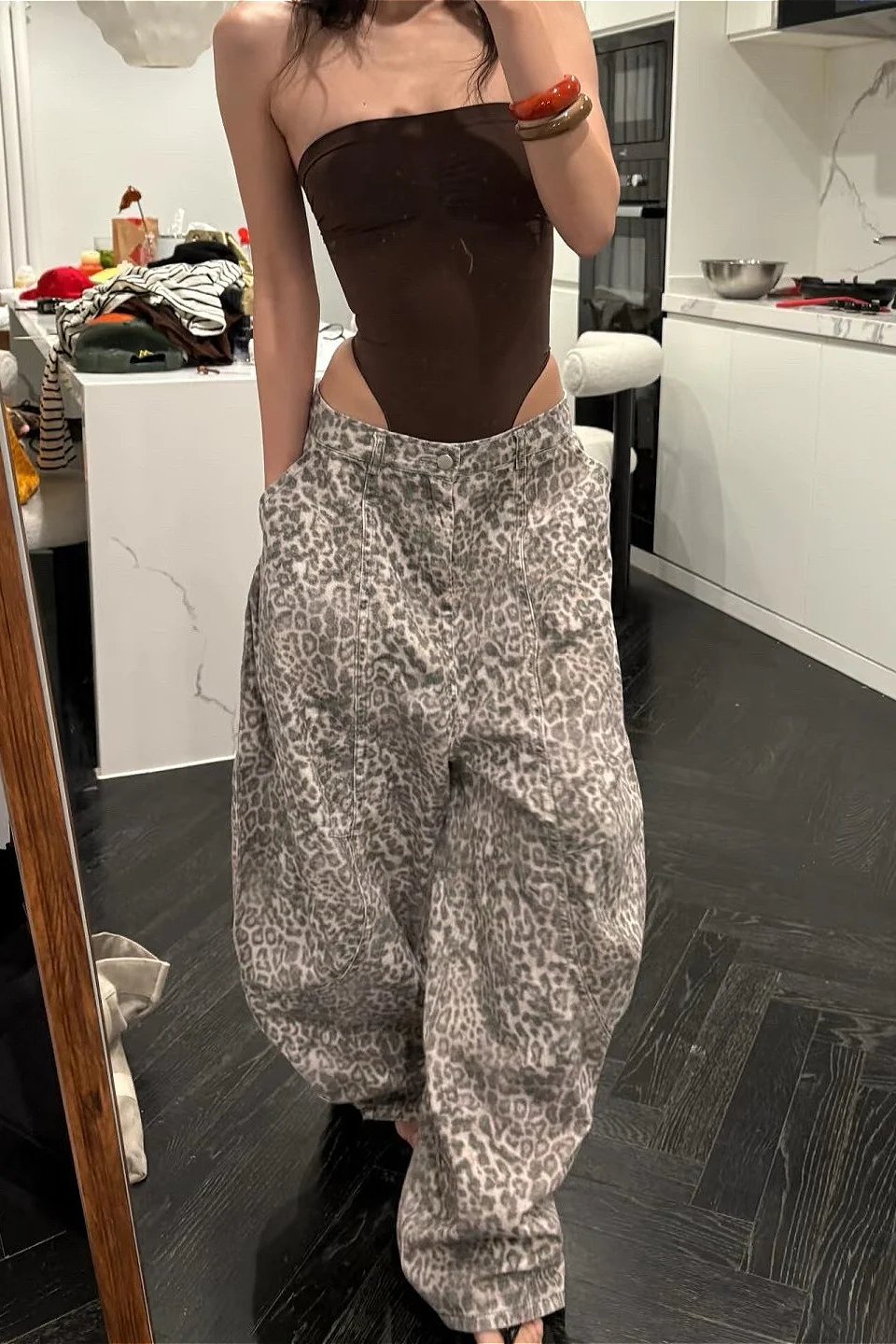 Vintage Distressed Leopard Wide-Leg Jeans