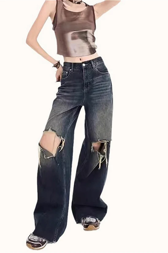 Vintage Distressed Raw Hem Low-Rise Wide-Leg Jeans - Image 5